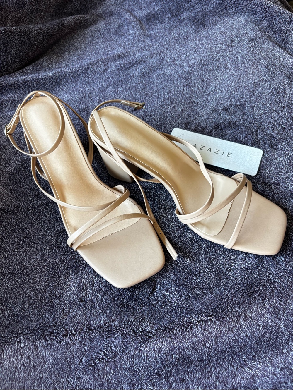 Azazie Nude Strappy Block Heel Sandals